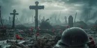 Paysage de guerre montrant un cimetière militaire ravagé, avec croix, casque au sol et coquelicots rouges ; scène symbolique évoquant les cimetières des héros nationaux et le souvenir des soldats tombés au combat.