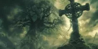 Représentation artistique des symboles de la mort dans l’art celte, avec une croix celtique nouée de lianes et un arbre sacré sous un ciel orageux.