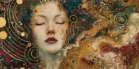 Portrait de femme dans un style inspiré de Gustav Klimt, entourée de motifs dorés et symbolistes représentant La mort et la beauté dans les œuvres de Klimt.