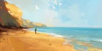 Homme solitaire sur une plage face à la mer, marchant dans le sable sous un ciel bleu, image illustrant l'idée de philosopher sur la plage dans l’esprit du Memento-mori.