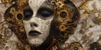 Image d’un masque funéraire richement décoré de dorures florales et d’arabesques, incrusté dans une fresque symbolique évoquant le memento-mori et la fragilité de la vie face au temps.