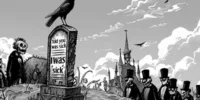 Illustration en noir et blanc d’un cortège funéraire constitué de squelettes habillés en tenues victoriennes, avançant vers une pierre tombale où est inscrit, avec humour noir, "Told you was sick – I was sick". L’image illustre une interprétation grinçante du memento-mori, entre ironie et macabre.
