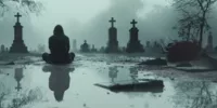 Silhouette méditant dans un cimetière brumeux, illustrant la pratique de pleine conscience en lien avec le memento-mori.
