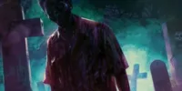 Zombie dans un cimetière embrumé, croix et pierres tombales en arrière-plan, illustrant le Retour des morts dans la fiction dans l’esthétique Memento-mori.