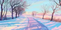 Paysage d’hiver pastel montrant une route enneigée bordée d’arbres nus, inspirant une atmosphère de Memento-mori et rappelant le processus intime de faire son deuil.
