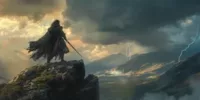 Guerrier solitaire sur une montagne orageuse, dans une scène rappelant Highlander, illustrant la dimension Memento-mori de l’immortalité.