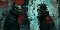 Deux hommes se font face dans un décor abstrait aux tons rouges et bleus, dans une ambiance inspirée de Looper, comme une confrontation symbolique rappelant un memento-mori futuriste.