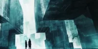 Laboratoire futuriste inspiré de The island, montrant des corps humains en capsules technologiques, illustrant une vision transhumaniste opposée à la philosophie Memento-mori et à l’acceptation de la mortalité.
