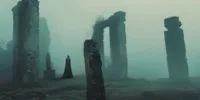 Paysage de ruines dans la brume inspiré de The Green Knight, illustration visuelle du thème Memento-mori et de la contemplation de la mort.