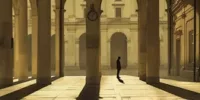 Silhouette solitaire sous des arches baignées de lumière, évoquant le temps suspendu et la quête d’humanité dans l’homme bicentenaire, dans une ambiance Memento-mori.